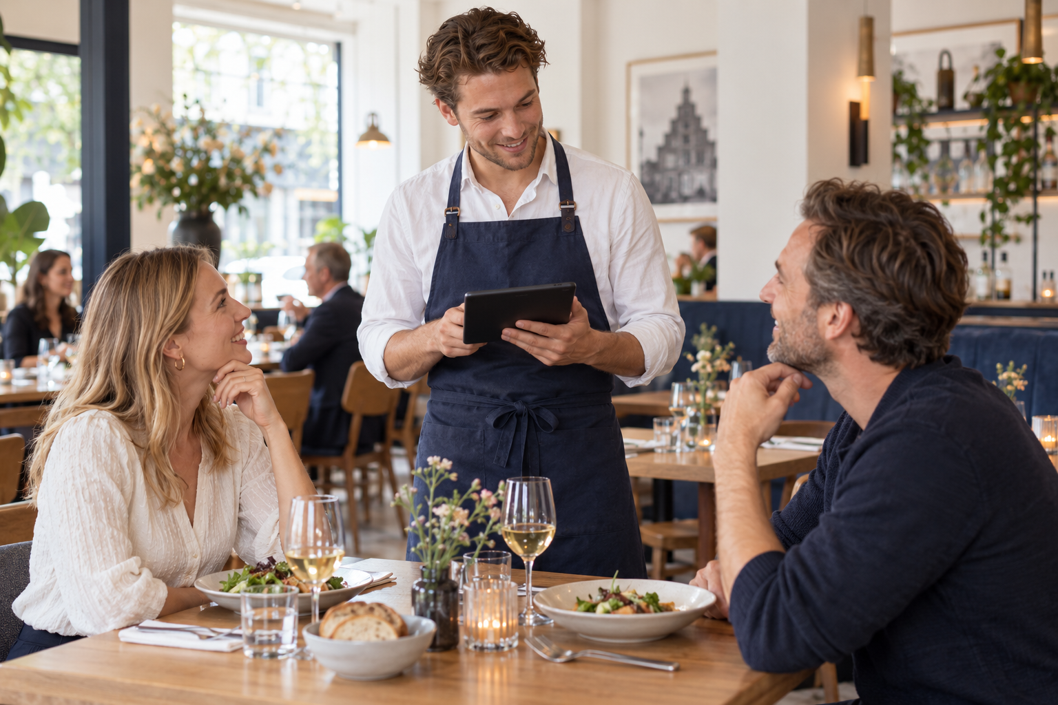 Bedieningsmedewerker neemt een bestelling op aan tafel