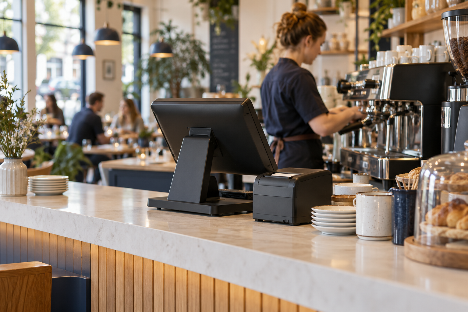Sfeerbeeld van een moderne horecabalie met kassaterminal en bonprinter