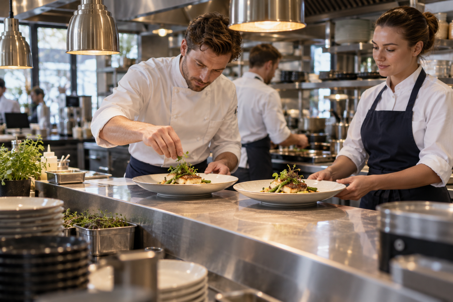 Keukenteam maakt gerechten klaar om uit te serveren